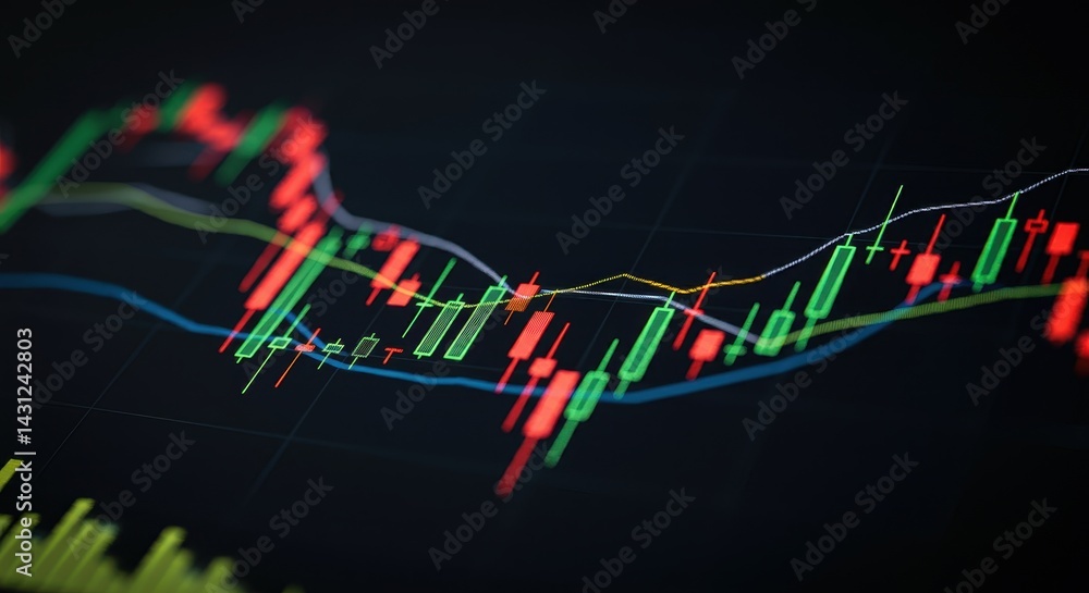 Poster candlestick chart showing stock market data with green and red bars on dark screen