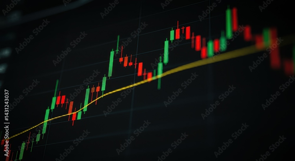 Poster candlestick chart shows stock market data with a moving average line