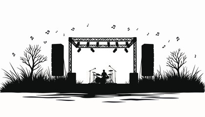 Outdoor music stage silhouette with drummer and notes, creative vibes