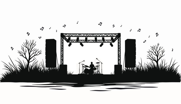 Outdoor music stage silhouette with drummer and notes, creative vibes
