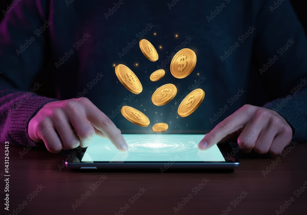 Poster hands using a tablet with floating coins for online earning or cryptocurrency
