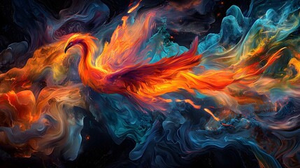 Fototapeta premium Majestic Phoenix Rising from Colorful Flames and Ethereal Smoke