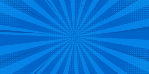 Obraz premium Pop art comic blue background with halftone, rays, gradient. Vector cartoon illustration in retro style. Design for comic book, poster, banner