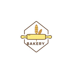 Bakery logo design with rolling pin and wheat for pastry shop or bread store vector illustration