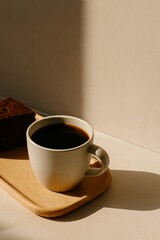 Ceramic cup of black coffee and chocolate brownie on wooden tray in natural sunlight with soft shadows. Minimalist composition. AI generated
