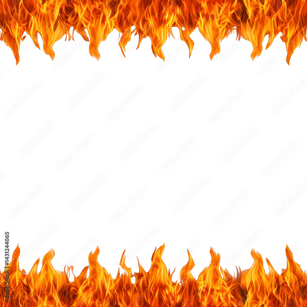 Poster fiery border with vibrant orange and yellow flames creating dynamic frame on transparency background