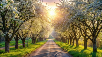 Serene Springtime Roadway Blossoming Trees Under Golden Sunlight, Creating a Picturesque Path