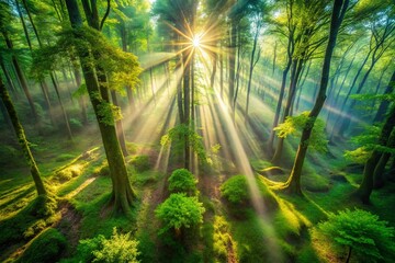 Obraz premium Magical Forest Screensaver: Sunlit Canopy, Mossy Ground - Drone Aerial Photography