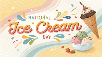 Celebrate National Ice Cream Day with Delicious Scoops and Sweet Cone Illustrations on a Pastel Swirl Background