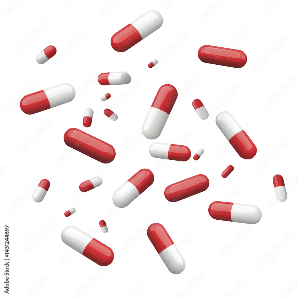 Poster red and white capsules are scattered against transparency background, creating dynamic and energetic
