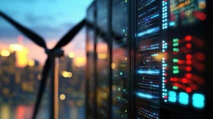 Cityscape server rack at sunset with wind turbine - Powered by Adobe