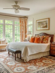 Inviting bedroom retreat with natural light cozy bedding and stylish decor creating a serene ambiance for relaxation and restful sleep
