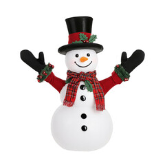 cheerful snowman with plaid scarf and top hat, adorned with holly, stands with raised arms. snowman features carrot nose, black buttons, and festive red mittens