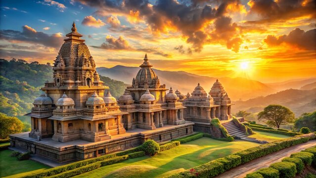 Majestic Hindu Temple Landscape at Sunrise, Spiritual Serenity in India