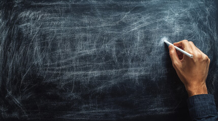 A man&acirc;&euro;&trade;s hand writes on a blackboard using white chalk in a teaching scenario