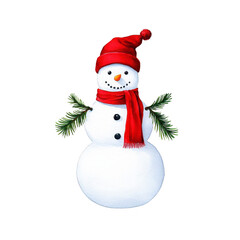 cheerful snowman wearing red hat and scarf, with twig arms and carrot nose, stands against transparency background, evoking festive winter atmosphere