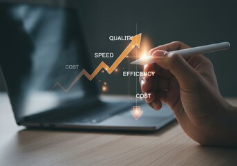 Hand holding stylus with business graph showing quality speed and efficiency on laptop