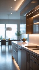 A modern kitchen, airy and bright, blending quartz surfaces and sleek wood cabinetry