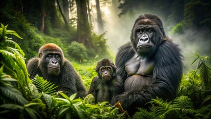 Obraz premium Majestic Mountain Gorilla Family in Vibrant Rainforest Habitat