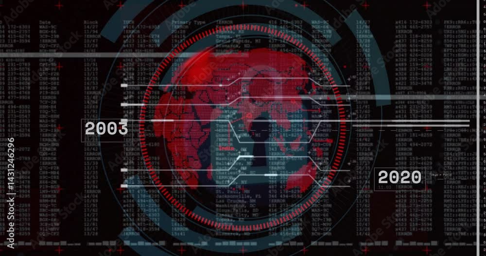 Poster animated hud showing rotating red-cyan globe with hexagon overlay and error code columns