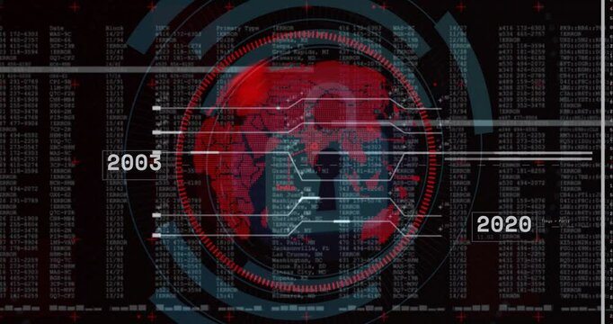 Animated HUD showing rotating red-cyan globe with hexagon overlay and error code columns