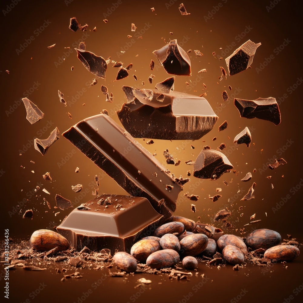 Poster decadent dark chocolate chunks and cocoa beans in a dynamic composition against a rich brown backgro