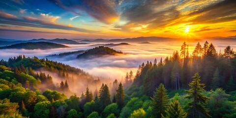 Obraz premium Majestic Mountaintop Panorama: Long Exposure Forest View