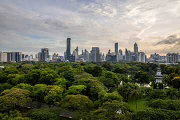 Fototapeta premium Beautiful aerial view of green park with a city skyline featuring numerous tall buildings in the heart of a metropolis, beneath a cloudy sky.