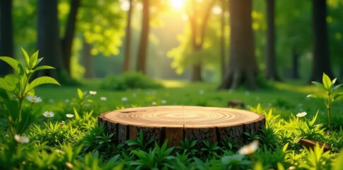Wooden stump platform in lush green forest, morning sun Perfect for displaying natural products , natural, product