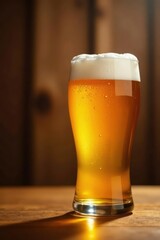 Half-full beer glass, light reflecting, wood background, table, beer