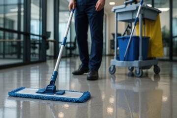 Close-up of mop cleaning shiny epoxy floor in modern office, with cleaning cart and tools in background, professional janitorial service