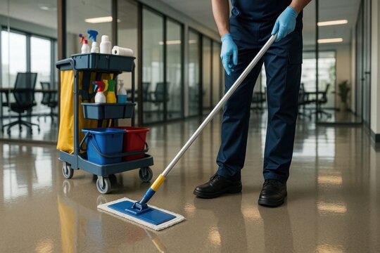 Professional floor cleaning scene with close-up of mop, well-equipped cart and reflective epoxy surface in office space