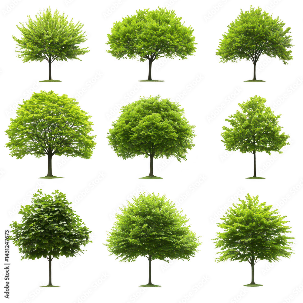 Aufkleber collection of nine lush green trees with varying shapes and sizes, showcasing vibrant foliage agains
