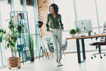 Confident Businesswoman Standing in Modern Office Workspace with Daylight and Stylish Decor
