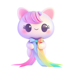 Obraz premium Adorable 3D Render of a Pastel Kitten Holding Rainbow Ribbons: A Whimsical Digital Creation