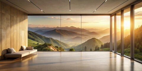 Serene mountain vista view from expansive window wall of minimalist modern interior space with contemporary couch