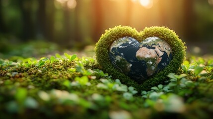 Earth nestled in a heart of moss, symbolizing environmental care