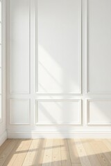 Fototapeta premium Clean white paneled wall, light wood floor Classical design mock-up , bright, classic