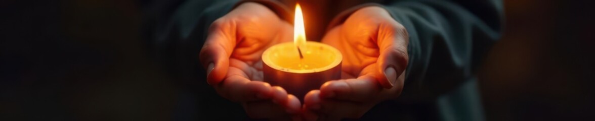 Two cupped hands gently hold a flickering candle flame , orange, spirituality, energy