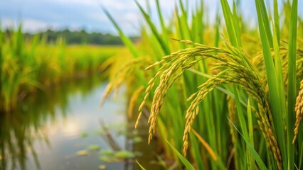 Fototapeta premium Close-up of green rice plant with delicate leaves and brown stem in a paddy field with tall grasses and water, India , Indian countryside, landscape