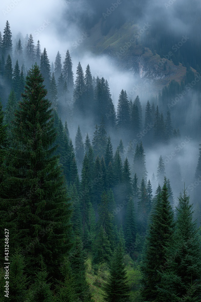 Poster misty mountain forest landscape with dense fog and towering evergreen trees creating a serene and at