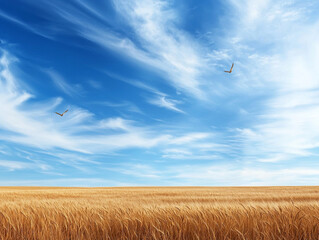 vast wheat landscape under bright blue sky creates serene and peaceful atmosphere, with gentle waves of golden wheat swaying in breeze and birds soaring above