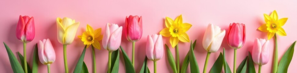 Naklejka premium Delicate pastel tulips and daffodils bloom vibrantly against a soft pink backdrop , pink, pastel, nature