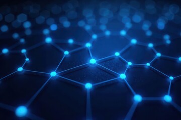 Intricate blue hexagon grid, glowing nodes, dark backdrop, glowing nodes, vector