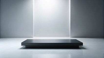 Fototapeta premium A sleek, dark platform in a minimalist, brightly lit interior space, perfect for showcasing products or artwork
