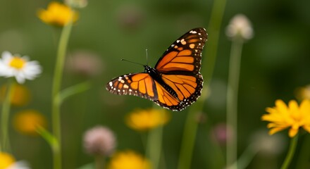 Fototapeta premium Flying Butterfly in Wildflower Meadow Close Up