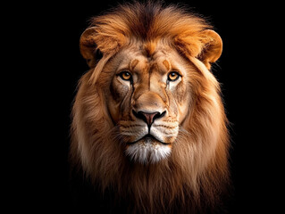 Fototapeta premium majestic lion with detailed mane staring fiercely, exuding strength and confidence. lion intense gaze captivates, showcasing its regal presence and natural beauty