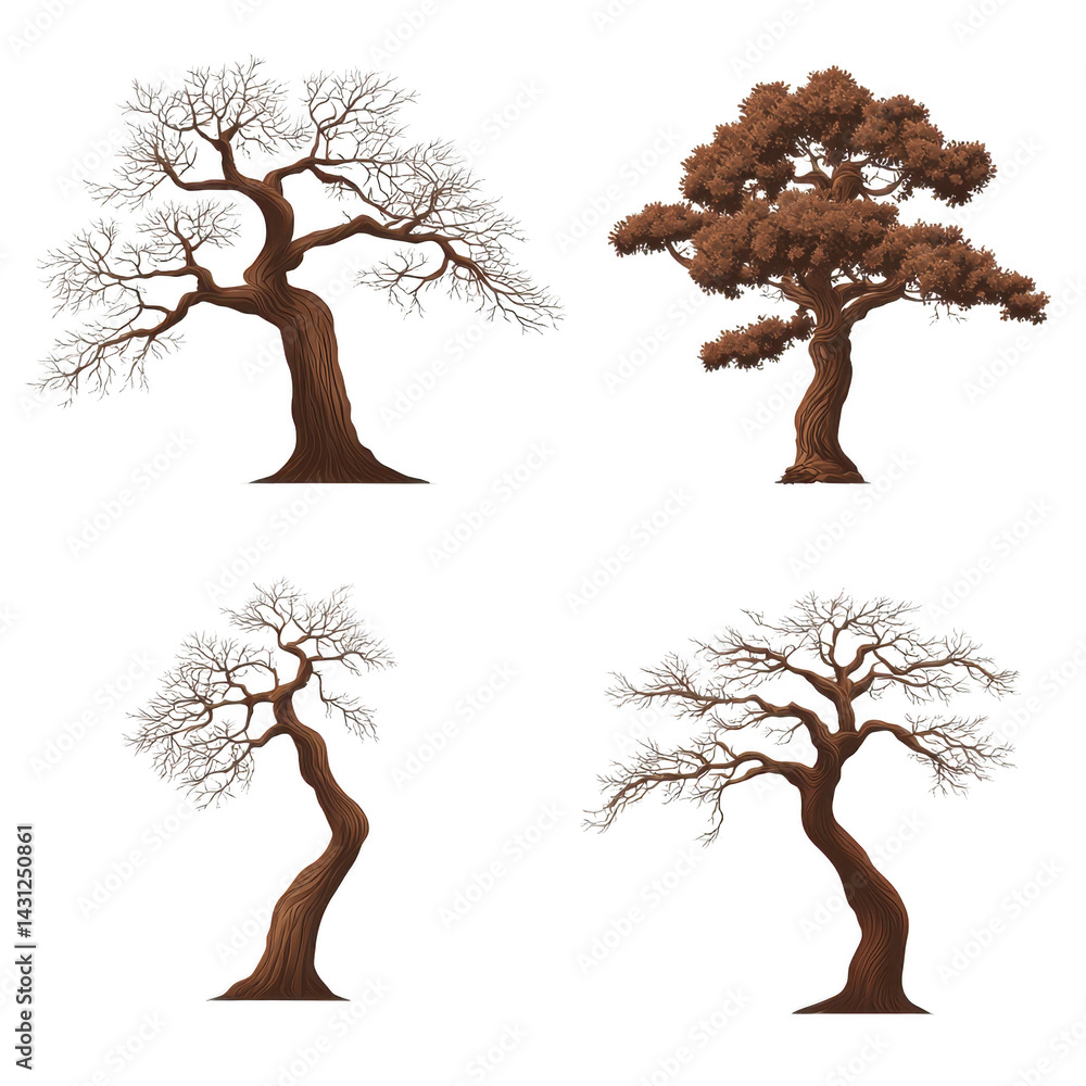Poster four stylized trees are depicted, each with unique shapes and textures. trees have varying branch pa
