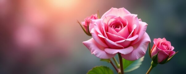Blurred background highlighting three delicate pink roses, bloom, image, blossom