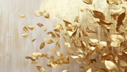 Golden leaves swirling in the air, against a textured backdrop